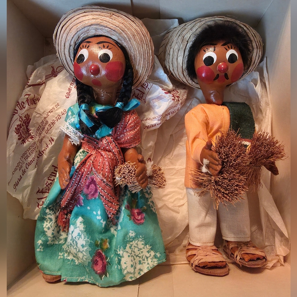 Mexican Folk Art Collectible Dolls With Hand Painted Faces, Traditional Outfits